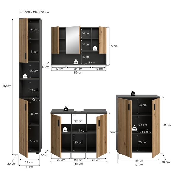 Badezimmermöbel-Set in Holzoptik und Anthrazit mit Maßangaben für Hochschrank, Spiegelschrank, Waschbeckenunterschrank und Beistellschrank.