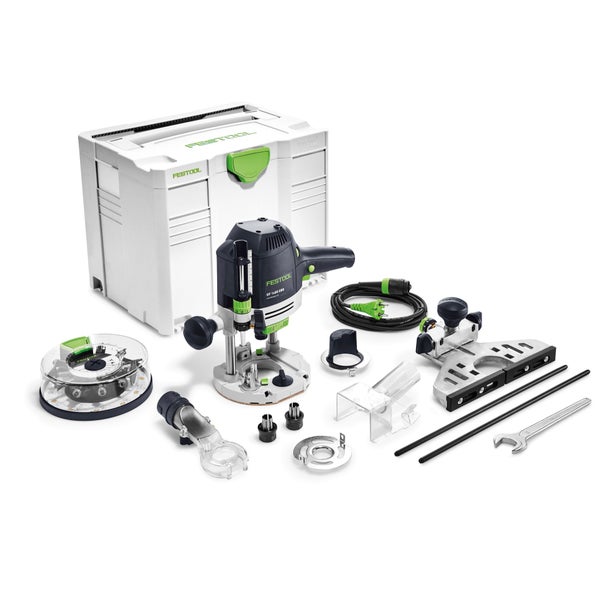 Festool Oberfräse OF 1400 EBQ Plus inklusive umfangreichem Zubehörset und Systainer für präzise Holzarbeiten.