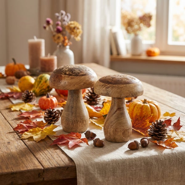 Zwei dekorative Holzpilze als Herbstdekoration auf einem Holztisch mit Kürbissen, Tannenzapfen und Herbstblättern arrangiert.