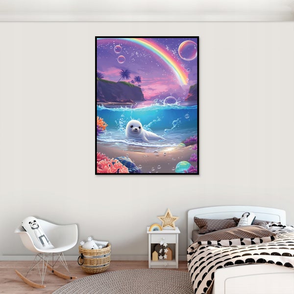 Wandbild mit Motiv einer Robbe im Wasser vor einer Küste mit Regenbogen, gerahmt, hängend über einem Kinderbett in einem eingerichteten Kinderzimmer.