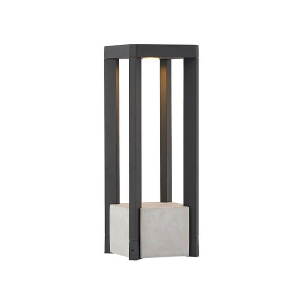 Moderne Wegeleuchte mit dunklem Metallrahmen und Betonsockel, quadratische Form, integriertes LED-Licht.