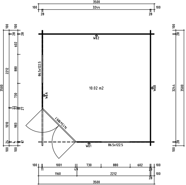 Grundriss eines Gartenhauses mit 10 Quadratmetern Grundfläche, Maßen und Tür- sowie Fensterpositionen.