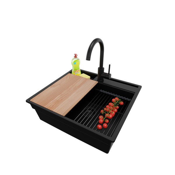PRIMAGRAN Granitspüle Alles Schwarz 58x53cm, Spülbecken 1 Becken + Küchenarmatur 32x20cm + Ablauf-Set + Küchenzubehörset, Küchenspüle ab 60er Unterschrank - Oslo Pocket