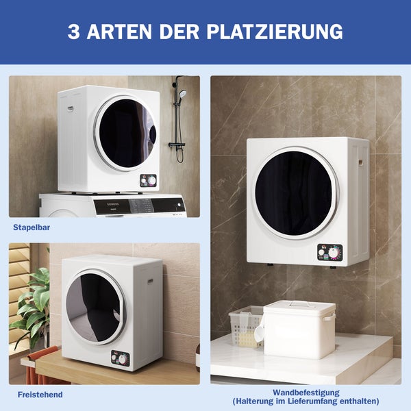 Drei Platzierungsmöglichkeiten für einen kompakten Wäschetrockner: stapelbar auf einer Waschmaschine, freistehend oder mit Wandbefestigung.