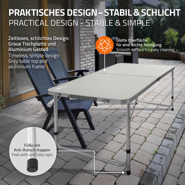 ECD Germany Alu Campingtisch Klapptisch, höhenverstellbar 120x60x54-70 cm, Grau, HDPE-Platte, klappbar, tragbar, leicht, Falttisch mit Griff, Koffertisch Gartentisch Reisetisch Balkontisch Esstisch
