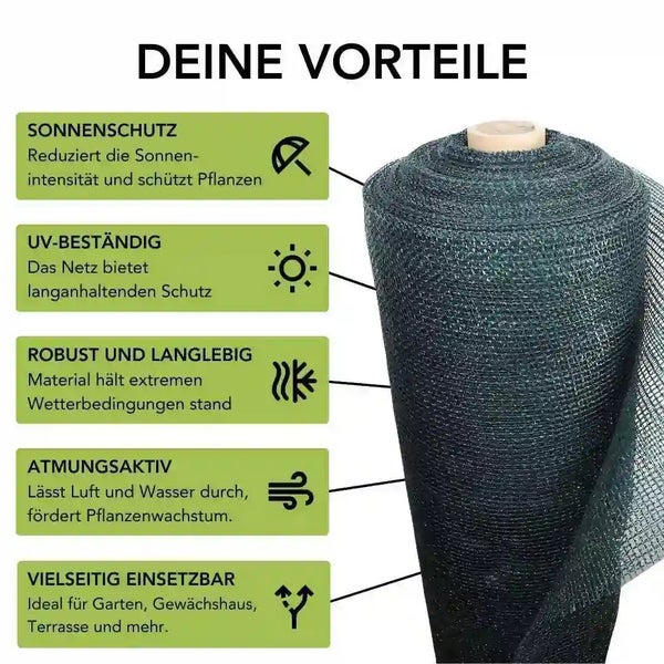 Eine Rolle Schattiernetz mit fünf Vorteilen wie Sonnenschutz, UV Beständigkeit, Robustheit, Atmungsaktivität und vielseitige Anwendungsmöglichkeiten.