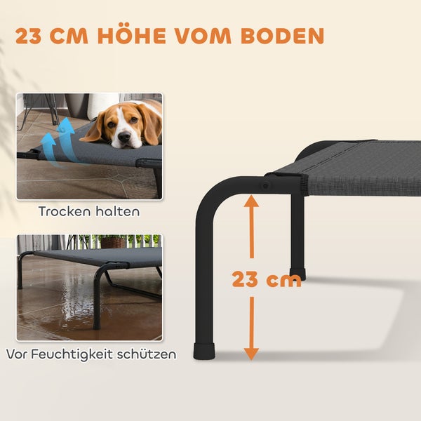 Erhöhtes Hundebett mit 23 Zentimetern Bodenfreiheit zum Schutz vor Feuchtigkeit und für eine trockene Liegefläche.