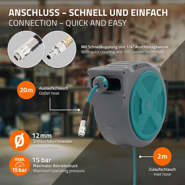 Druckluftschlauchaufroller mit 20 Meter Auslaufschlauch und 2 Meter Zulaufschlauch, 12 Millimeter Durchmesser und 15 Bar Betriebsdruck.
