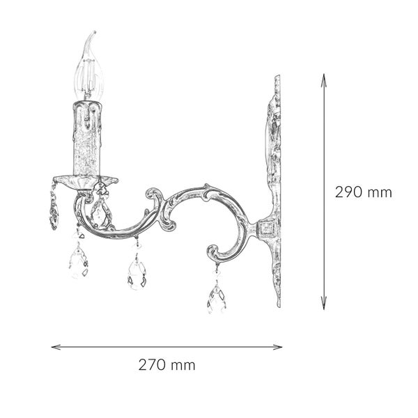 Maße einer Wandleuchte mit Kristallanhängern: 270 mm breit und 290 mm hoch.
