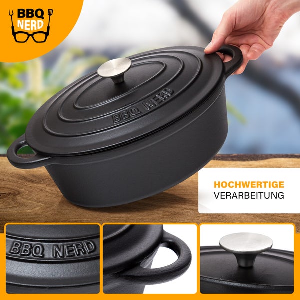 BBQ-Nerd Bräter (rund) mit Deckel 6,3 L aus Gusseisen mit Emaille-Beschichtung | Bratentopf Kochtopf Gusseisentopf - ideal zum langsamen Garen | Energieeffiziente, wärmespeichernde Cocotte