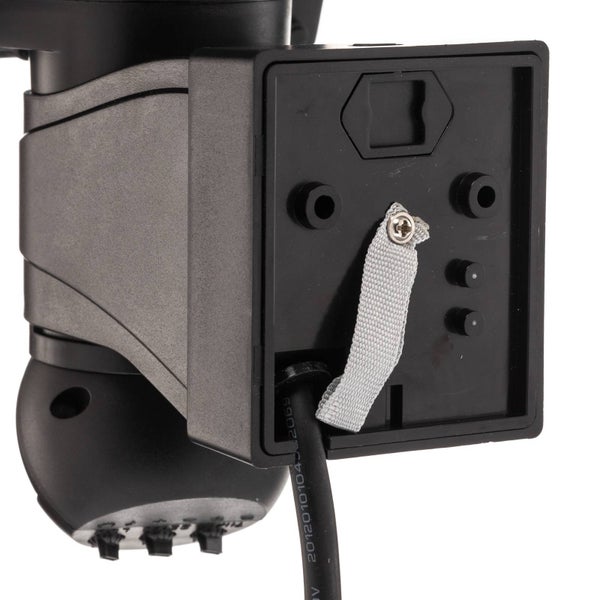 Rückansicht eines schwarzen Bewegungsmelders aus Kunststoff mit Montageplatte, Anschlusskabel und Stofflasche.