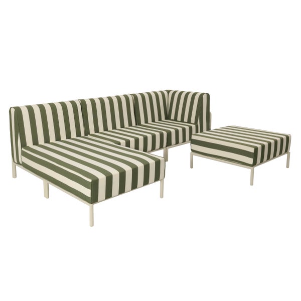 Modulares Garten-Lounge-Set mit grün-weiß gestreiftem Stoffbezug und Metallgestell, bestehend aus Eckelement, Sitzelementen und Hocker.
