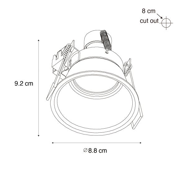 Technische Zeichnung Einbaustrahler mit Maßen: Höhe 9,2 Zentimeter, Durchmesser 8,8 Zentimeter, Ausschnitt 8 Zentimeter.