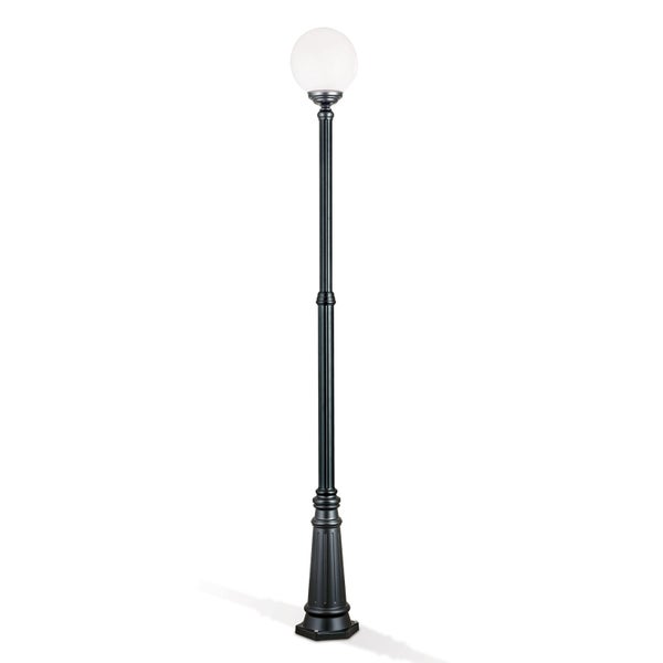 Schwarze Außenleuchte Kandelaber mit weißem Kugelschirm und Metallsäule.