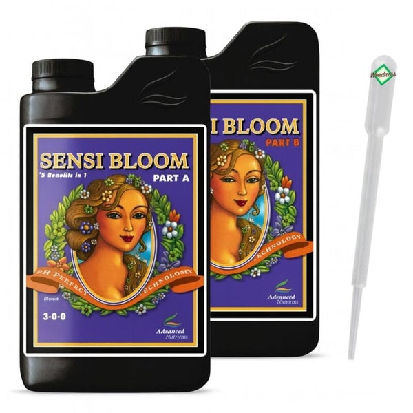 Advanced Nutrients Sensi Bloom Teil A und Teil B Pflanzendünger in zwei Flaschen mit einer Kunststoffpipette.