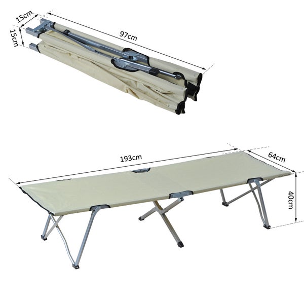 Feldbett mit Maßen für aufgebauten und zusammengeklappten Zustand