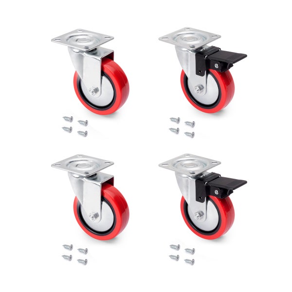 Set aus vier Lenkrollen inklusive Schrauben, zwei davon mit Feststellbremse.