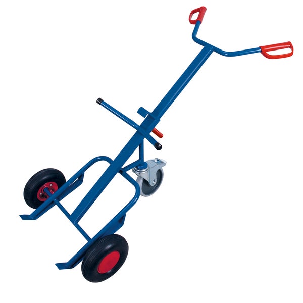 Fasskarre aus blauem Stahl mit roten Griffen, zwei Luftreifen und einem Lenkrad.