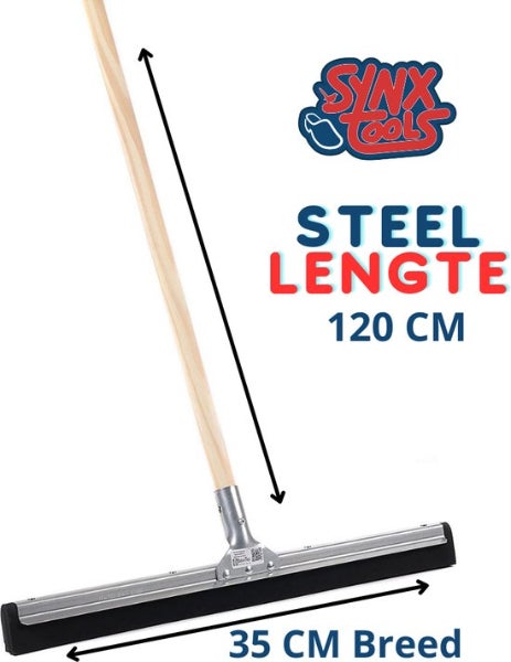 Wasserschieber von Synx Tools mit Holzstiel, Breite 35 Zentimeter, Stiellänge 120 Zentimeter. Synx Tools Logo.