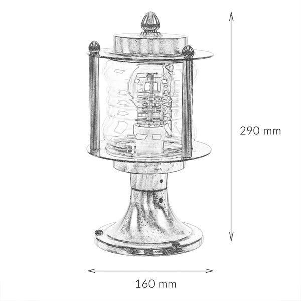 Abmessungen einer Sockelleuchte: 290 mm hoch, 160 mm breit.