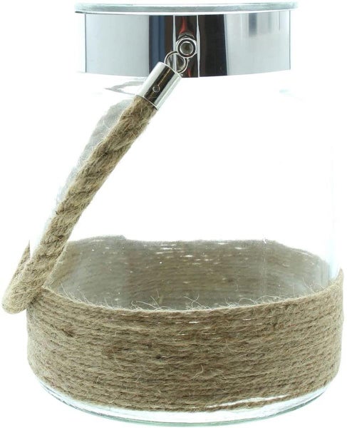 Windlicht aus Glas mit Juteband und Metallgriff