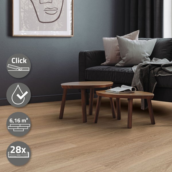 ML-Design Deluxe PVC Bodenbelag, Click Vinyl-Dielen, Vinylboden, 122 cm x 18 cm x 4,2mm, Dicke 4,2mm, 6,16m²/28 Dielen, Golden Hour Eiche, Braun, Holzoptik, rutschfest, wasserfest, Belastungsklasse 34