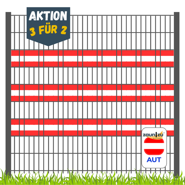 Metallzaun mit waagerechten Streifen und Aktion 3 für 2 Hinweis