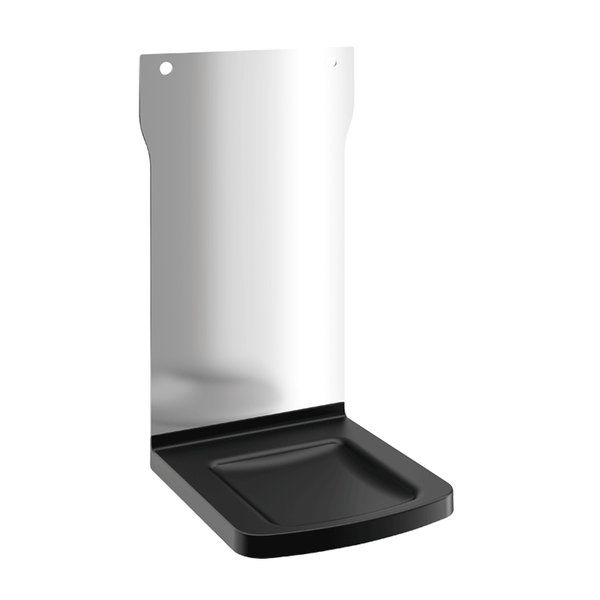 Wandhalterung mit Tropfschale für Spendersysteme aus Metall und Kunststoff in Silber und Schwarz.