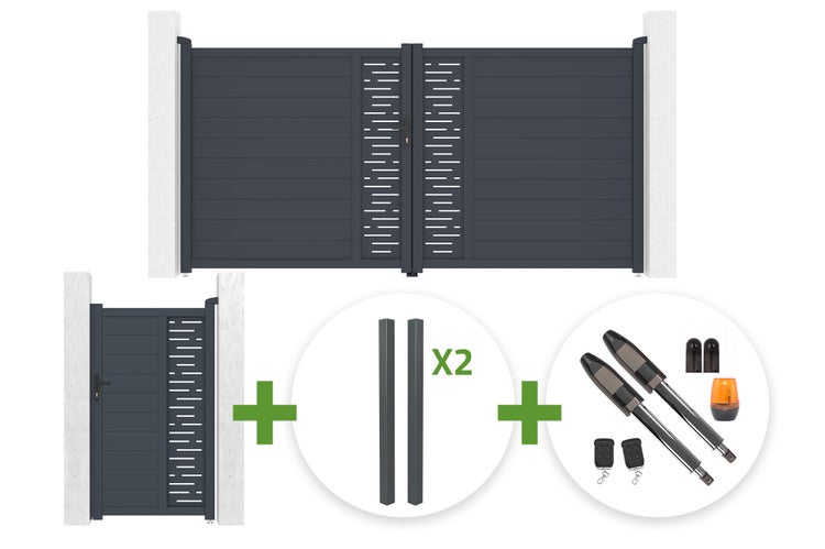 Set aus Aluminium-Doppelflügeltor, Pforte, zwei Pfosten und elektrischem Torantrieb inklusive Fernbedienungen und Warnleuchte.