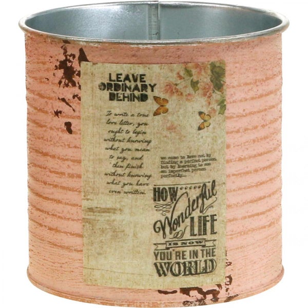 Dekorativer Übertopf aus Metall mit Schriftzug