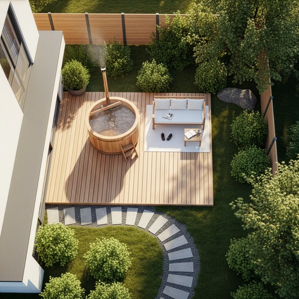 Außenbereich mit Holzterrasse, Badezuber, Sitzgruppe und Gartenanlage