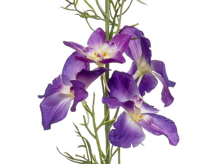 Künstlicher Blumenstiel mit feinem grünen Blattwerk und violetten Blüten.