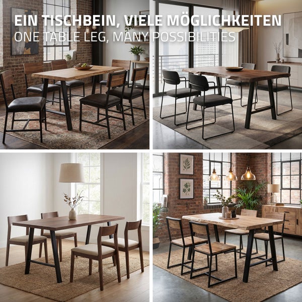 Vier Esszimmerszenen mit einem Tischgestell aus Metall, das mit verschiedenen Holztischplatten und Stühlen kombiniert ist.