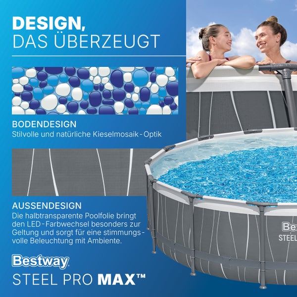 Bestway Logo, Steel Pro MAX Aufstellpool mit Kieselsteinmosaik-Bodendesign und grauem Außendesign mit weißen Linien.