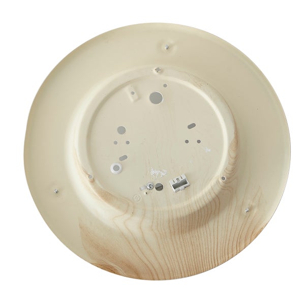 Runde Basis für Deckenleuchte aus Metall mit Holzdekor und Montageöffnungen.