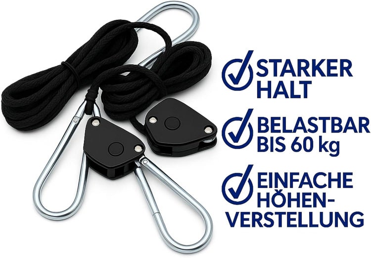 Seilratschen mit Karabinerhaken, belastbar bis 60 Kilogramm, starker Halt und einfache Höhenverstellung.