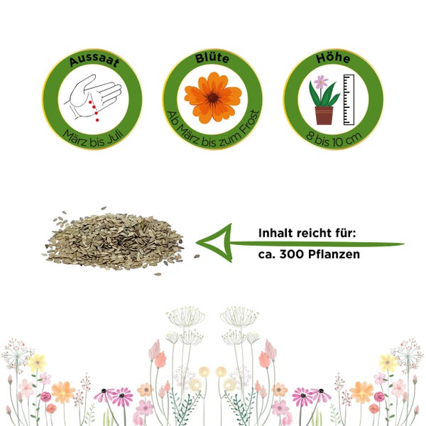 Aussaat von März bis Juli, Blütezeit ab März bis zum Frost, Wuchshöhe 8 bis 10 Zentimeter, Inhalt für circa 300 Pflanzen.