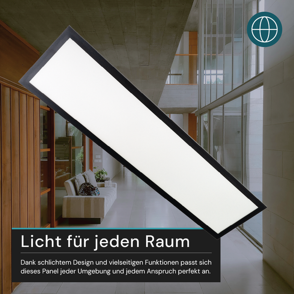 Rechteckiges LED Panel mit schwarzem Rand in einem modern eingerichteten Raum.