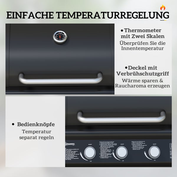 Outsunny Gasgrill 12,2 KW 3+1 Brenner BBQ Grillwagen aus Edelstahl inkl Rolle Seitenbrenner Thermometer Grillrost Kochfeld Seitentisch Gas-Grill für Balkon Camping 118,5 x 56 x 110 cm