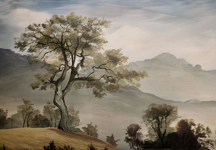 Gemälde einer Landschaft mit Baum und Bergen