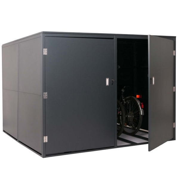 Fahrradbox mit geöffneter Tür und einem Fahrrad im Inneren