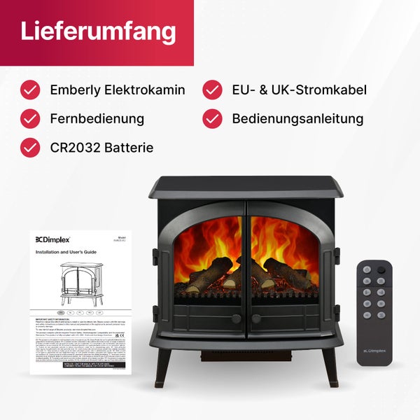 Lieferumfang Dimplex Elektrokamin Emberly mit Fernbedienung, Batterie, Netzkabeln für Europäische Union und Vereinigtes Königreich sowie Anleitung.