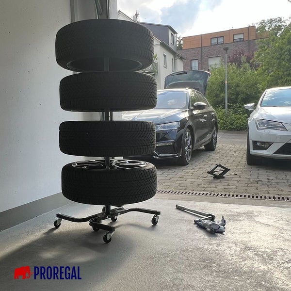 PROREGAL Fahrbarer Felgenbaum CARRERO XL für Autoreifen bis 295 mm HxBxT 118x85x58cm bis zu 4 Reifen Schwarz Reifenständer fahrbar