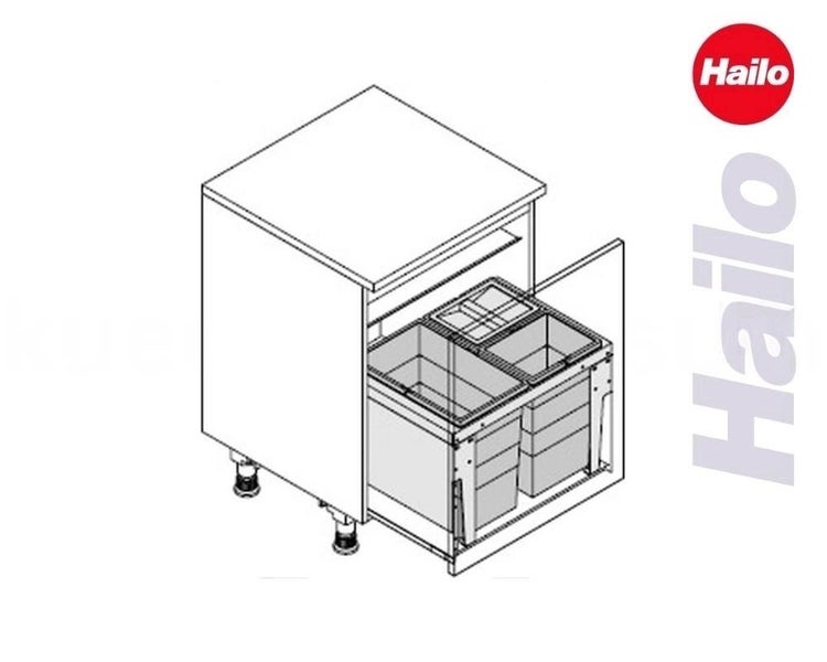 Hailo Logo. Abfalltrennsystem für Küchenunterschränke mit drei Behältern im Auszug.