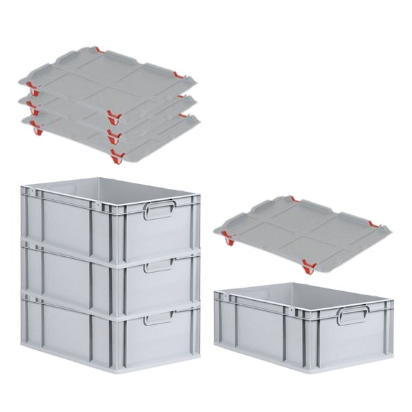 PROREGAL SuperSparSet 4x Eurobox NextGen Grip mit Auflagedeckel mit 4 Roten Schiebeschnappverschlüssen HxBxT 22 x 40 x 60 cm 44 Liter