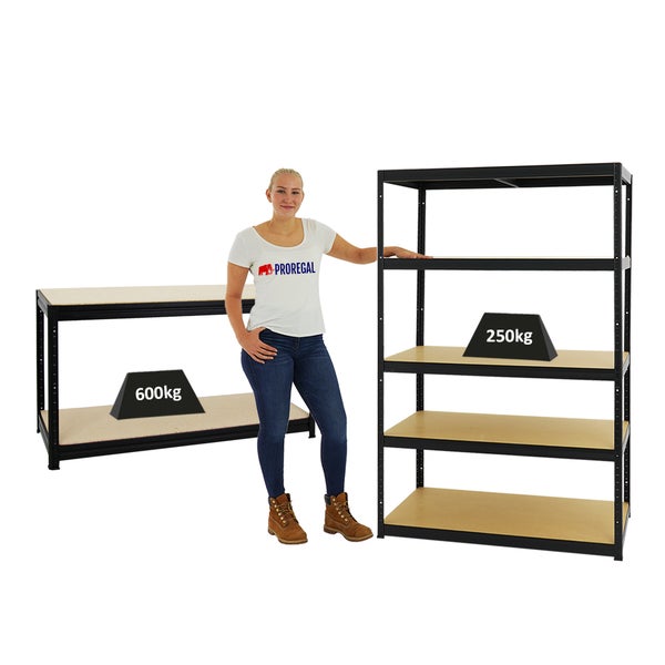 PROREGAL Mega Deal 1x Schwerlastregal Big Elephant M HxBxT 180 x 120 x 60 cm & 1x Höhenverstellbare Werkbank Big Dino HxBxT 90 x 160 x 60 cm Schwarz