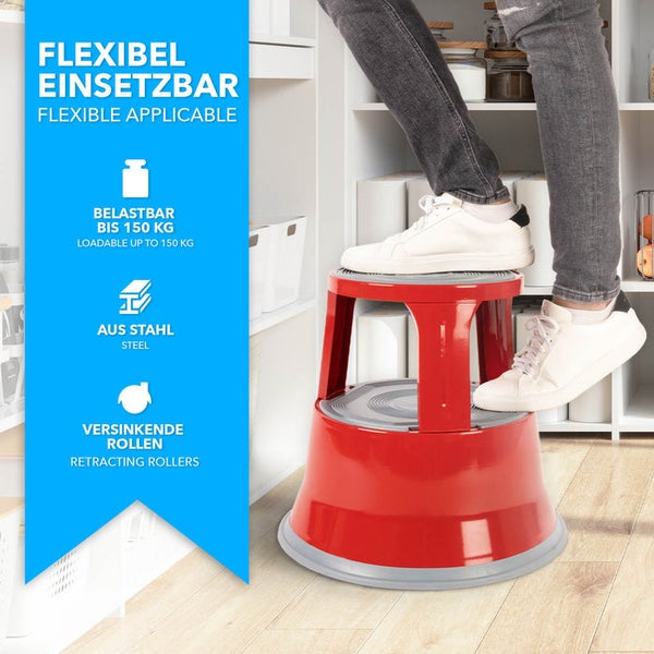 FLOORDIREKT Rollhocker - Elefantenfuß - aus Stahl - Mobiler Tritthocker - Sitzmöglichkeit für Büro und Gewerbe - Rot