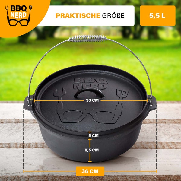 BBQ-Nerd Dutch Oven Starter 5,5L mit Ständer| bereits eingebrannt - preseasoned | Gusseisen Feuertopf, Bräter mit Deckel inkl. Deckelheber | Feuerfester Grill & Camping Kochtopf, Grilltopf