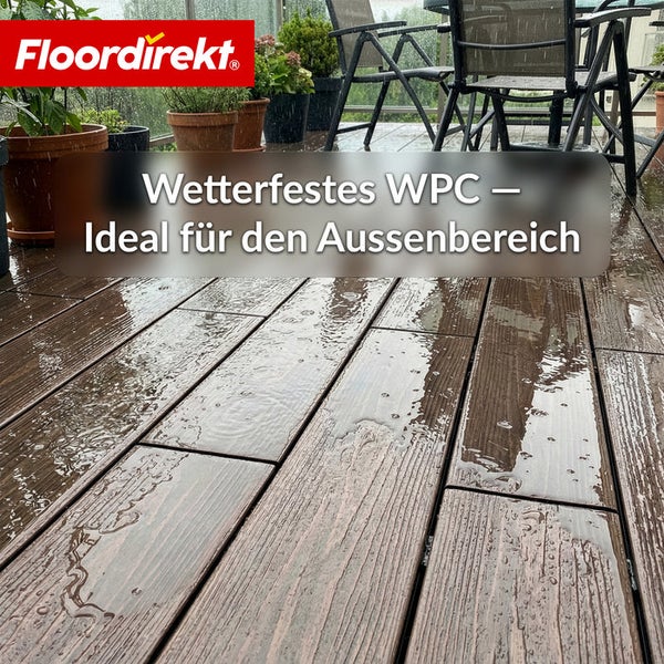 Wetterfeste WPC Terrassendielen auf Balkon mit Regen