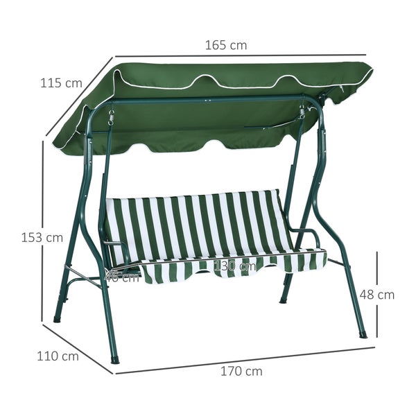Outsunny Hollywoodschaukel, 3-Sitzer Gartenschaukel, Verstellbares Sonnendach, 170 x 110 x 153 cm, Stahlrahmen, Grün
